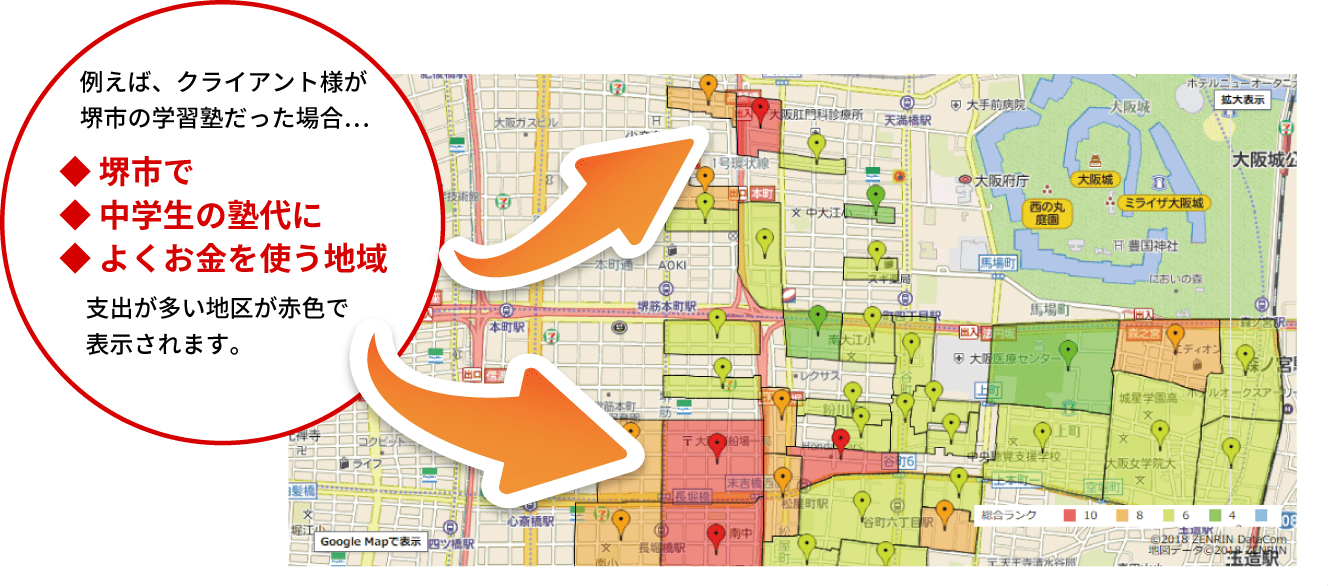 例えば、クライアント様が堺市の学習塾だった場合…堺市で中学生の塾代によくお金を使う地域支出が多い地区が赤色で表示されます。
